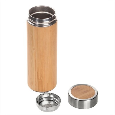 Stainless steel thermos with bamboo surface